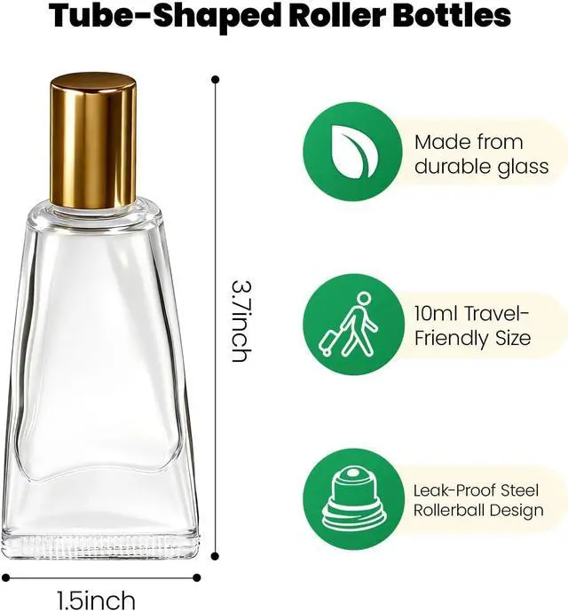 Alt view image 2 of 6 - 4Pack Essential Oil Roller Bottles, 10ml Refillable Leak-proof Empty Tube-Shaped Glass Roller Bottles with Stainless Steel Roller Balls and Gold Caps for Travel, Perfume, Aromatherapy