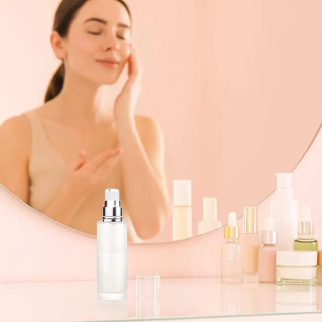 Alt view image 6 of 6 - 3Packs Transparent Cosmetic Container Jar Vials with Silver Cap Empty Refillable Frosted Glass Pump Bottles Travel Glass Lotion Bottle For Cosmetics, Lotion, Body Cream, Sanitizers, Cream 2oz