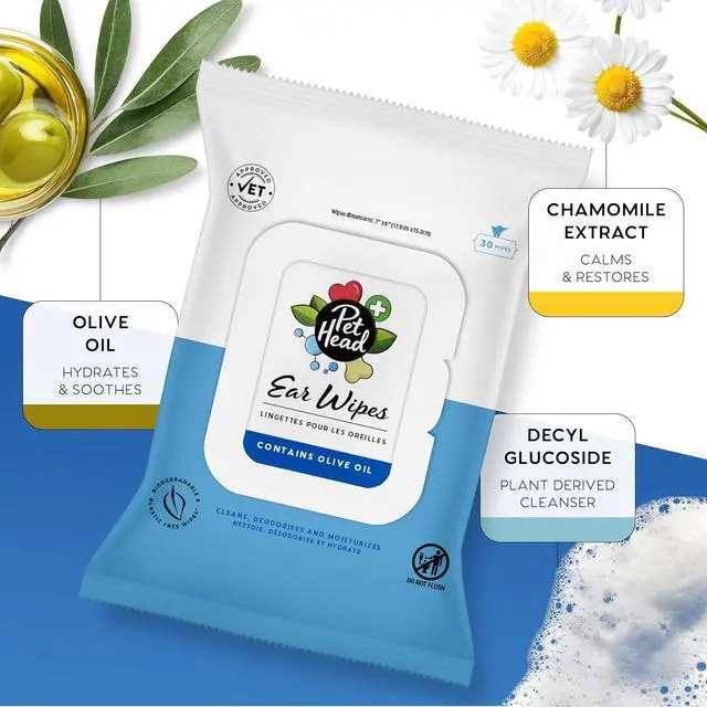Alt view image 3 of 6 - Pet Head Health Ear Wipes for Cats and Dogs | Fragrance-Free | 30 Wipes | Cleans, Deodorizes and Moisturizes | Removes Dirt, Wax, Discharge, and Debris | Biodegradable and Plant-based Dog Ear Cleaner