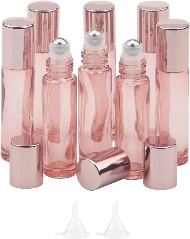 Main image of 8 Pack 10mL Glass Roller Bottles for Essential Oils, Rose Gold | 1/3 oz Perfume Roll On Vials with 2 Funnels, Travel Refillable Leak Proof Rollerball Applicator, DIY Craft Pretty Containers