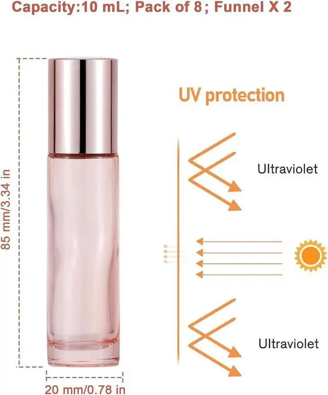 Alt view image 2 of 7 - 8 Pack 10mL Glass Roller Bottles for Essential Oils, Rose Gold | 1/3 oz Perfume Roll On Vials with 2 Funnels, Travel Refillable Leak Proof Rollerball Applicator, DIY Craft Pretty Containers
