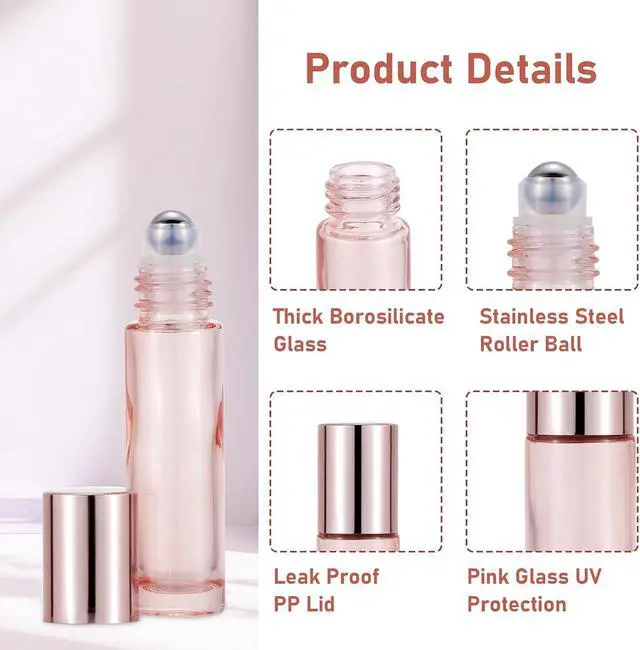 Alt view image 4 of 7 - 8 Pack 10mL Glass Roller Bottles for Essential Oils, Rose Gold | 1/3 oz Perfume Roll On Vials with 2 Funnels, Travel Refillable Leak Proof Rollerball Applicator, DIY Craft Pretty Containers