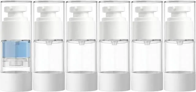 Main image of Clear Airless Pump Bottles, Vacuum Travel Cosmetic Containers | 0.5OZ/15ML 6Pack Lotion Dispenser Pump Bottles; For Cream, Foundation & Skincare Cosmetics; With Labels & Wooden Sticks