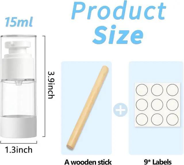 Alt view image 2 of 7 - Clear Airless Pump Bottles, Vacuum Travel Cosmetic Containers | 0.5OZ/15ML 6Pack Lotion Dispenser Pump Bottles; For Cream, Foundation & Skincare Cosmetics; With Labels & Wooden Sticks