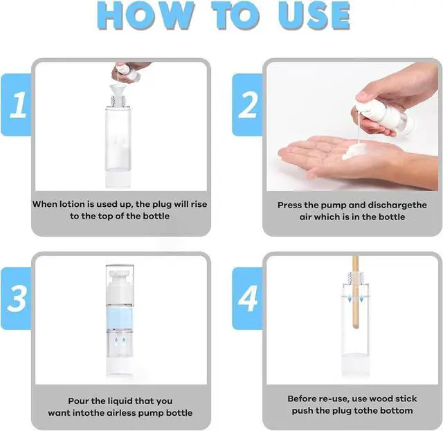 Alt view image 4 of 7 - Clear Airless Pump Bottles, Vacuum Travel Cosmetic Containers | 0.5OZ/15ML 6Pack Lotion Dispenser Pump Bottles; For Cream, Foundation & Skincare Cosmetics; With Labels & Wooden Sticks