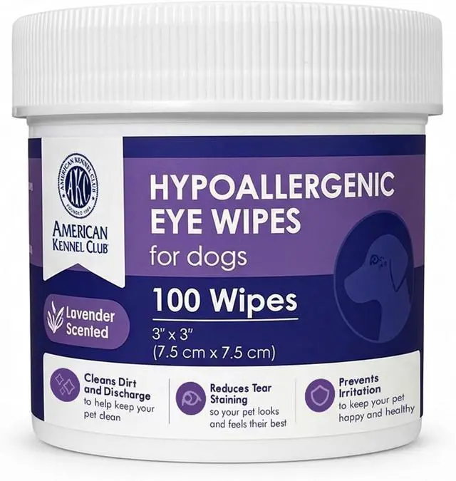 Main image of AKC Eye Wipes for Dogs & Cats, Lavender Scent, 100 Count | Hypoallergenic grooming wipes help clean tear stains and eye discharge from dogs and cats.