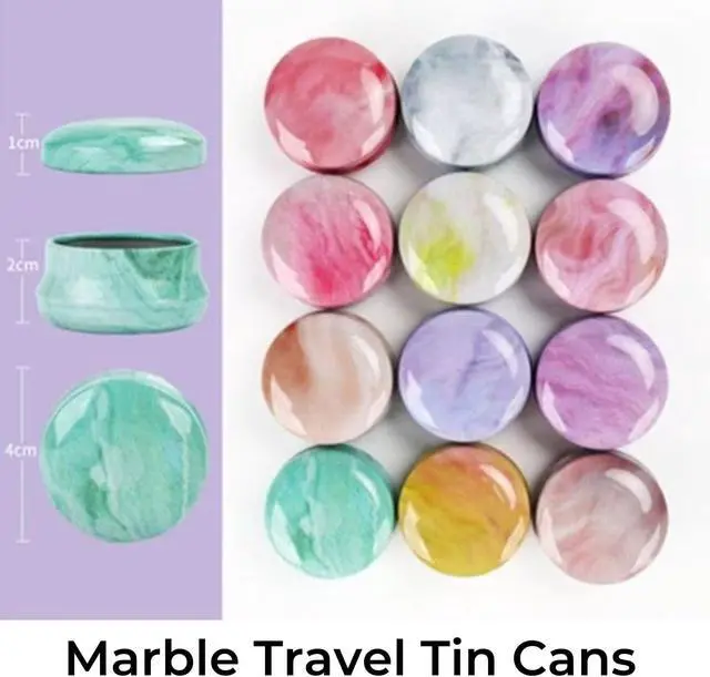 Alt view image 2 of 6 - Rarapop 12 Pack Reusable Mini Round Tinplate Candle Tin Jars with Lids, 20ml Small Marble Travel Tin Cans Refillable Empty Container Bottle for Lip Balm, Salve, Eye Shadow, Powder