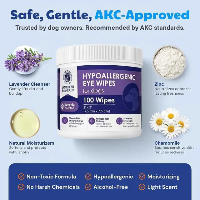 Alt view image 5 of 6 - AKC Eye Wipes for Dogs & Cats, Lavender Scent, 100 Count | Hypoallergenic grooming wipes help clean tear stains and eye discharge from dogs and cats.