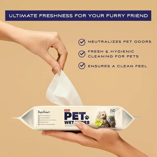 Alt view image 6 of 7 - Papilion Pet Wipes for Dogs & Cats, Gentle Grooming & Cleaning Wipes, Safe for Paws, Coat & Face for Daily Use, Paraben-Free, Extra Large All-Purpose Wipes, Flip-Top Pack, 50 Count