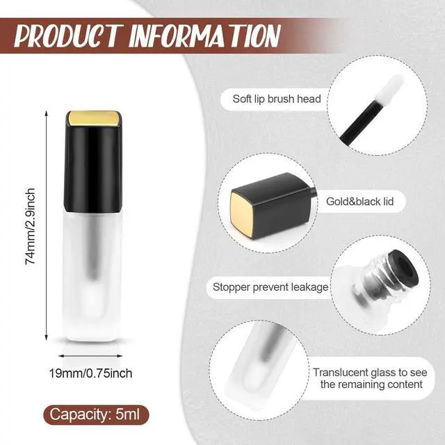 Alt view image 2 of 6 - 5 Pcs 5ml Frosted Glass Lip Gloss Tubes Refillable Square Lip Glaze Tube Vials Mini Lip Balm Bottle Container with Wands & Stoppers for Women Girls DIY Makeup Travel