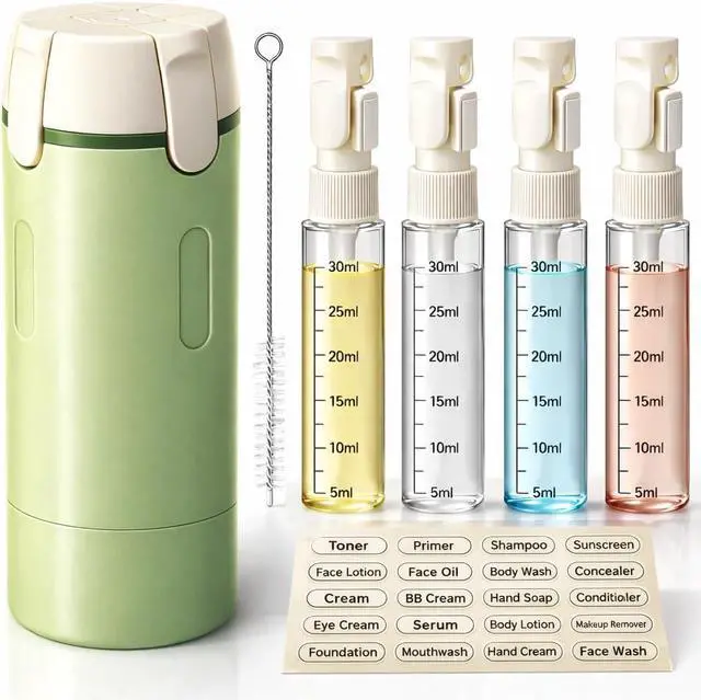 Main image of 4-in-1 Travel Bottles for Toiletries, Travel Pump BottleLeak-Proof Shampoo Conditioner Lotion Dispenser with Pump, Compact No-Spill Toiletry Containers for Travel & Business Trips (Green)