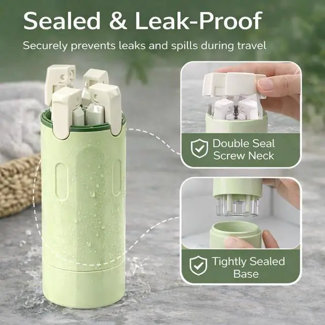 Alt view image 5 of 7 - 4-in-1 Travel Bottles for Toiletries, Travel Pump BottleLeak-Proof Shampoo Conditioner Lotion Dispenser with Pump, Compact No-Spill Toiletry Containers for Travel & Business Trips (Green)