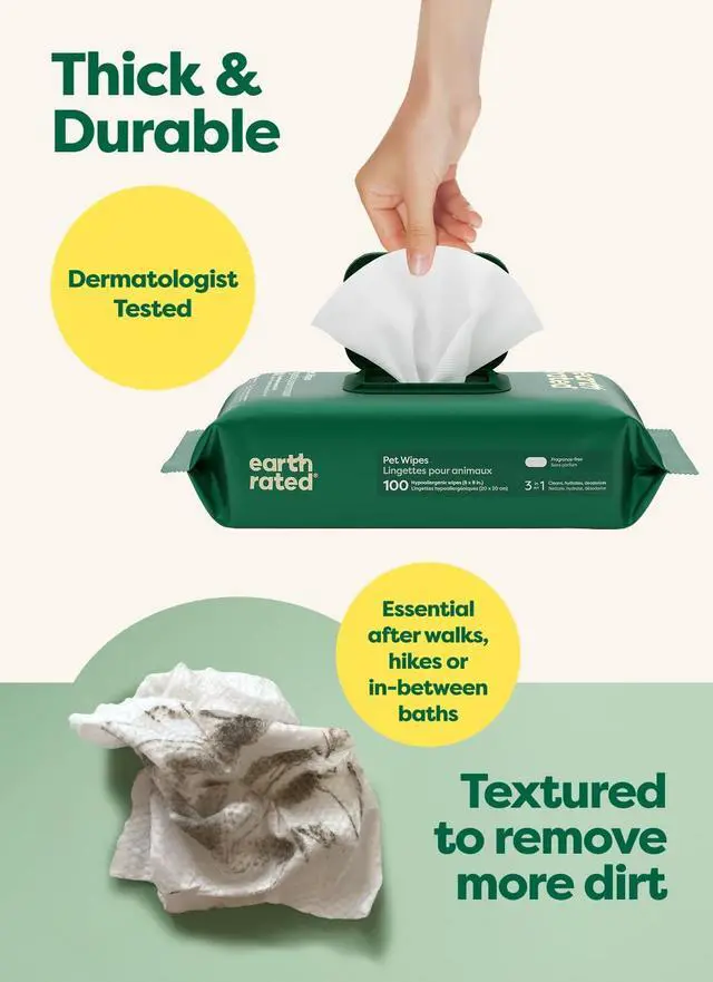Alt view image 3 of 7 - Earth Rated Dog Wipes for Paws & Butt, Deodorizing, Unscented, 100ct | Hypoallergenic, 3-in-1 Cleaning and Hydrating, for Grooming Paws, Body and Butt