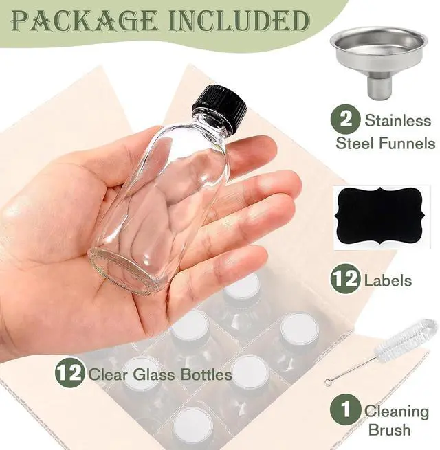Alt view image 4 of 6 - 12 Pack 2oz Clear Glass Bottles with Lids and Funnels, Boston Shot Bottles | Leakproof Boston Round Glass Bottle for Potion, Juice, Ginger Shot, Whiskey, Wellness, Oils, Liquids, Mini Tavel Bottles