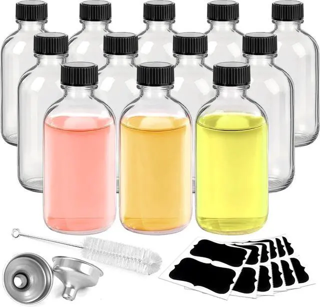 Main image of 12 Pack 2oz Clear Glass Bottles with Lids and Funnels, Boston Shot Bottles | Leakproof Boston Round Glass Bottle for Potion, Juice, Ginger Shot, Whiskey, Wellness, Oils, Liquids, Mini Tavel Bottles