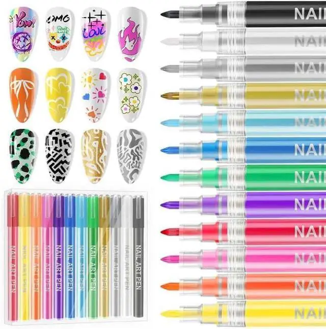 Main image of Nail Art Pens Set EBANKU 12 Colors 3D Nail Polish Pens Acrylic Paint Pens | 0.7MM Nail Markers for Nail Art Drawing Painting Manicure Tools Nail Design Kit Home Nail Salon DIY