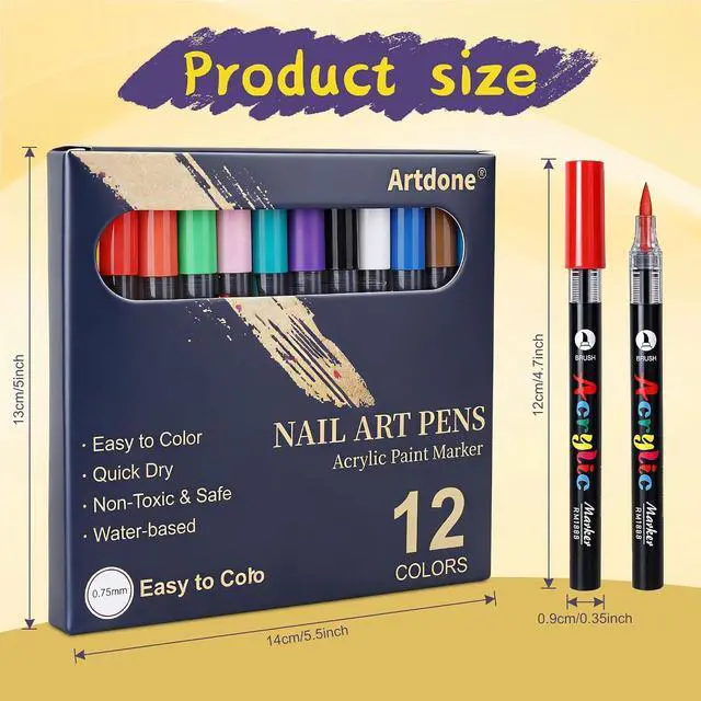 Alt view image 5 of 7 - Artdone 12 Colors Nail Art Pens Set, 3D Quick-Drying Acrylic Paint Markers Nail Point Graffiti Dotting Drawing Liner Brush for DIY Gel Nail Polish Design Manicure Tools