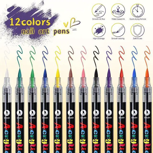 Alt view image 4 of 7 - Artdone 12 Colors Nail Art Pens Set, 3D Quick-Drying Acrylic Paint Markers Nail Point Graffiti Dotting Drawing Liner Brush for DIY Gel Nail Polish Design Manicure Tools