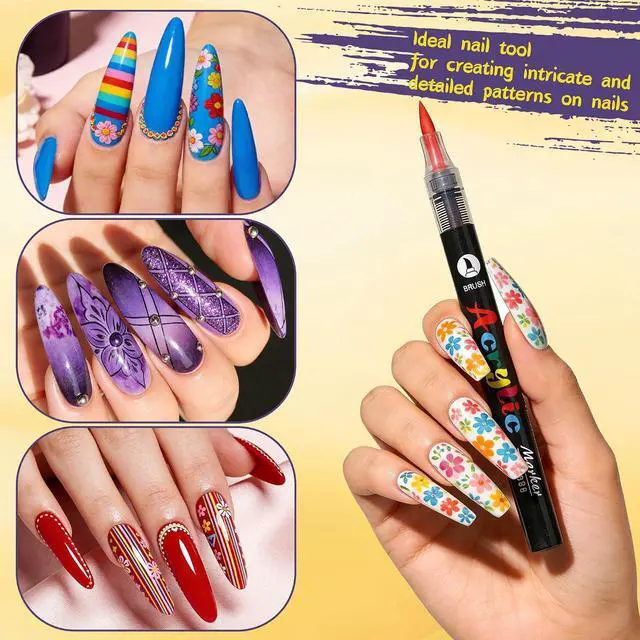Alt view image 7 of 7 - Artdone 12 Colors Nail Art Pens Set, 3D Quick-Drying Acrylic Paint Markers Nail Point Graffiti Dotting Drawing Liner Brush for DIY Gel Nail Polish Design Manicure Tools