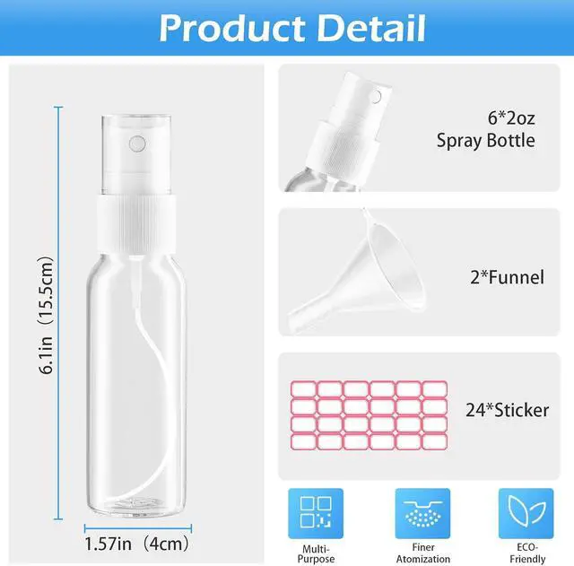Alt view image 3 of 7 - Zoizocp Spray Bottles, 4oz/120ml 6 Pack Clear Mini Travel Bottle Set | Empty Fine Mist Plastic Mini Travel Bottle Set, Small Refillable Liquid Containers with 2 Pcs Funnels and 24 Pcs Labels