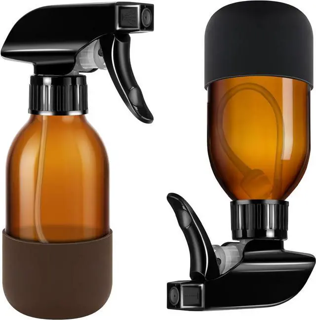 Main image of Tecohouse 360° 4 oz Amber Glass Spray Bottles with Silicone Sleeve 2 Pack | 360° All-Angle Spray, Nonslip Silicone Protective Covers, for Cleaning Solutions, Plants, Hair Care (Black & Brown)