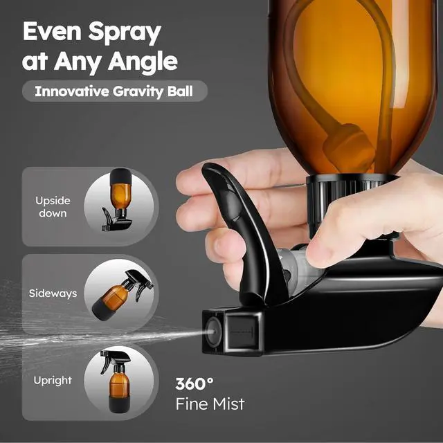 Alt view image 2 of 7 - Tecohouse 360° 4 oz Amber Glass Spray Bottles with Silicone Sleeve 2 Pack | 360° All-Angle Spray, Nonslip Silicone Protective Covers, for Cleaning Solutions, Plants, Hair Care (Black & Brown)
