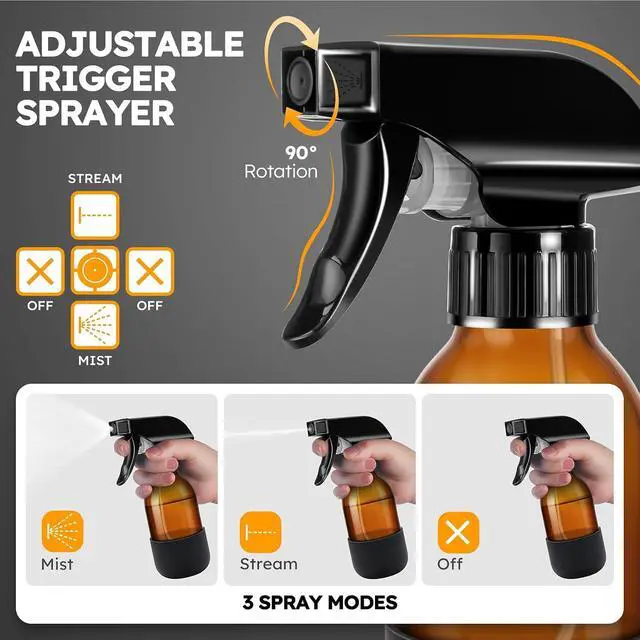 Alt view image 3 of 7 - Tecohouse 360° 4 oz Amber Glass Spray Bottles with Silicone Sleeve 2 Pack | 360° All-Angle Spray, Nonslip Silicone Protective Covers, for Cleaning Solutions, Plants, Hair Care (Black & Brown)