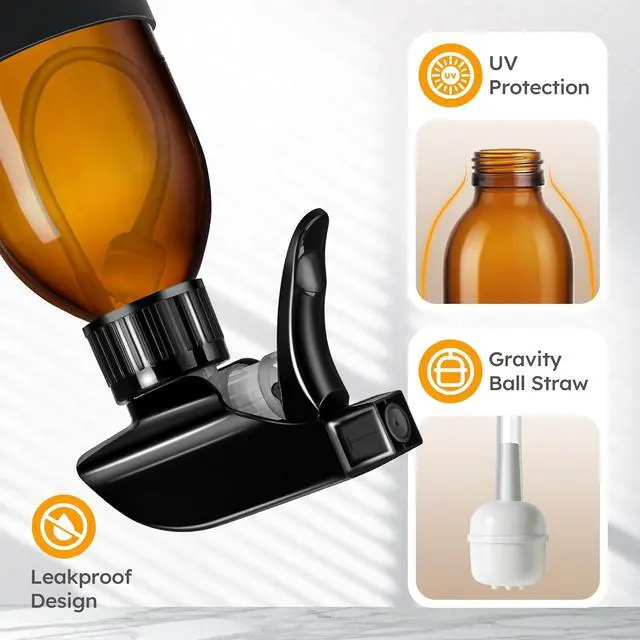 Alt view image 4 of 7 - Tecohouse 360° 4 oz Amber Glass Spray Bottles with Silicone Sleeve 2 Pack | 360° All-Angle Spray, Nonslip Silicone Protective Covers, for Cleaning Solutions, Plants, Hair Care (Black & Brown)