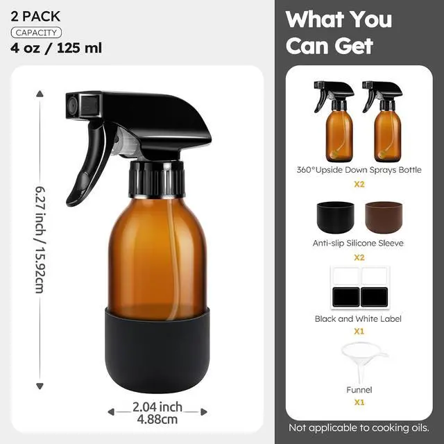 Alt view image 5 of 7 - Tecohouse 360° 4 oz Amber Glass Spray Bottles with Silicone Sleeve 2 Pack | 360° All-Angle Spray, Nonslip Silicone Protective Covers, for Cleaning Solutions, Plants, Hair Care (Black & Brown)