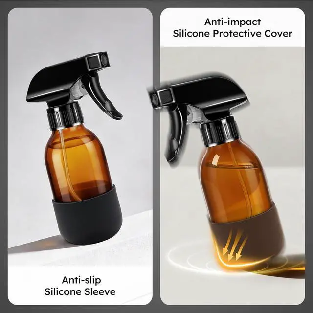 Alt view image 6 of 7 - Tecohouse 360° 4 oz Amber Glass Spray Bottles with Silicone Sleeve 2 Pack | 360° All-Angle Spray, Nonslip Silicone Protective Covers, for Cleaning Solutions, Plants, Hair Care (Black & Brown)