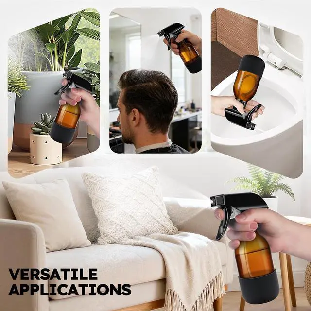 Alt view image 7 of 7 - Tecohouse 360° 4 oz Amber Glass Spray Bottles with Silicone Sleeve 2 Pack | 360° All-Angle Spray, Nonslip Silicone Protective Covers, for Cleaning Solutions, Plants, Hair Care (Black & Brown)