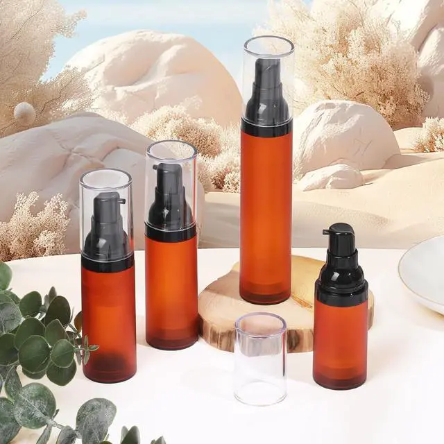 Alt view image 7 of 7 - Airless Pump Bottles, 0.5 oz Travel Size Dispenser Brown Refillable Pump Bottle Containers for Skincare Serum Lotion Foundation 15ml (3 Pieces)