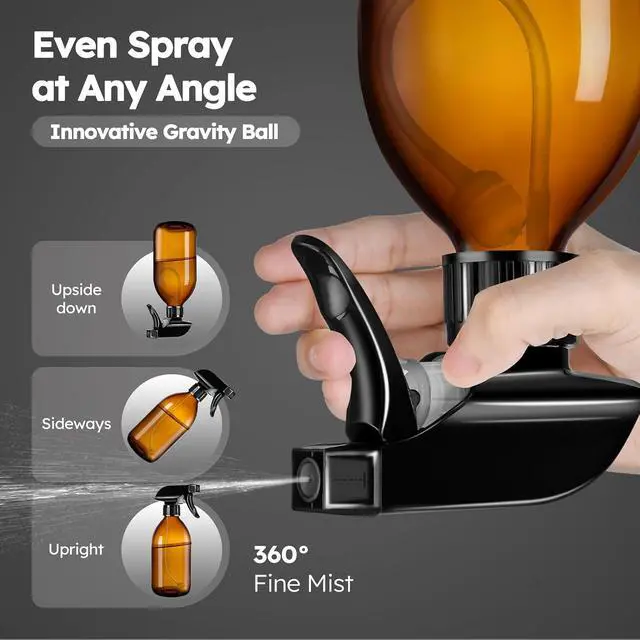 Alt view image 2 of 7 - Tecohouse 360° 16 OZ Amber Glass Spray Bottles 2 Pack | 360° All-Angle Spray, Leakproof, Empty Refillable Containers for Cleaning Solutions, Plants, Facial Hydration, Hairs Care,