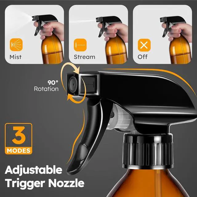 Alt view image 3 of 7 - Tecohouse 360° 16 OZ Amber Glass Spray Bottles 2 Pack | 360° All-Angle Spray, Leakproof, Empty Refillable Containers for Cleaning Solutions, Plants, Facial Hydration, Hairs Care,