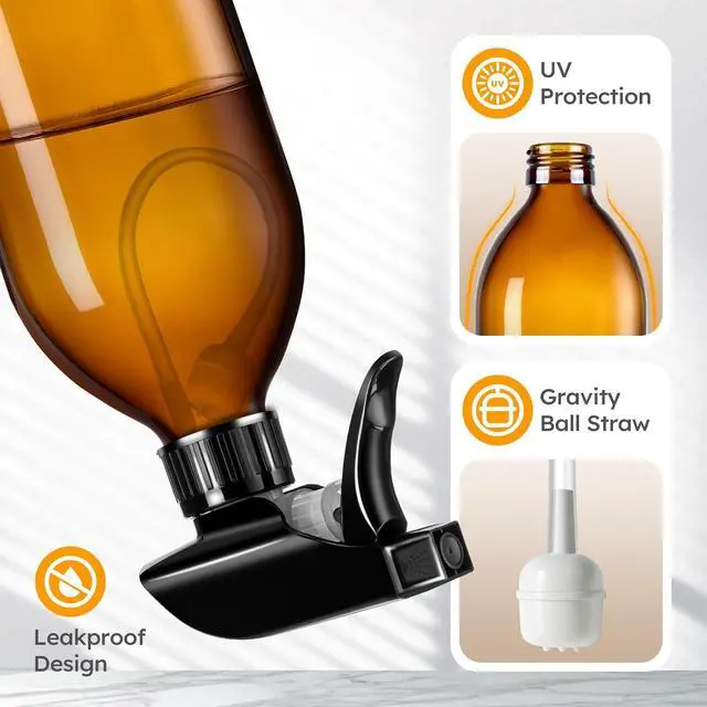 Alt view image 4 of 7 - Tecohouse 360° 16 OZ Amber Glass Spray Bottles 2 Pack | 360° All-Angle Spray, Leakproof, Empty Refillable Containers for Cleaning Solutions, Plants, Facial Hydration, Hairs Care,