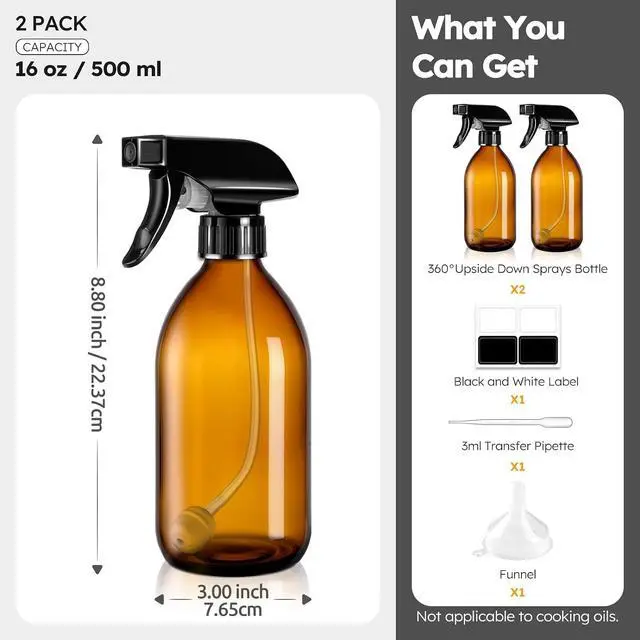 Alt view image 5 of 7 - Tecohouse 360° 16 OZ Amber Glass Spray Bottles 2 Pack | 360° All-Angle Spray, Leakproof, Empty Refillable Containers for Cleaning Solutions, Plants, Facial Hydration, Hairs Care,