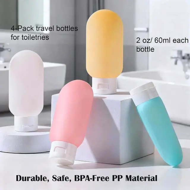 Alt view image 2 of 7 - TSA Approved Travel Bottles, 4-Pack 2oz Travel Size Containers | Leak-Proof, Refillable, Cosmetic Squeeze Bottles for Lotion Liquid Shampoo Conditioner Gels, Perfect for Travel Camping