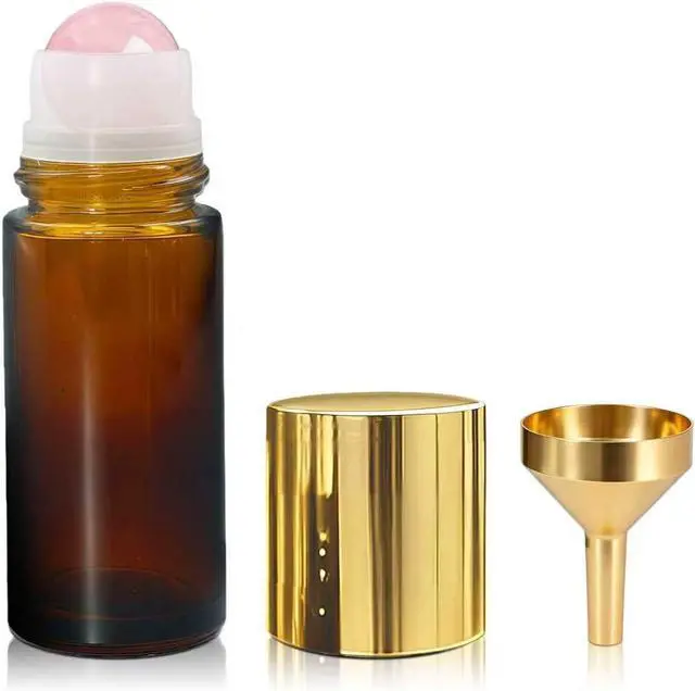 Main image of 50ml Rose Quartz Roller Bottles for Castor Oil | Refillable Amber Glass Roll-On Bottles with Natural Crystal Roller Balls,Leak-Proof Gold Caps for Essential Oils, Perfume