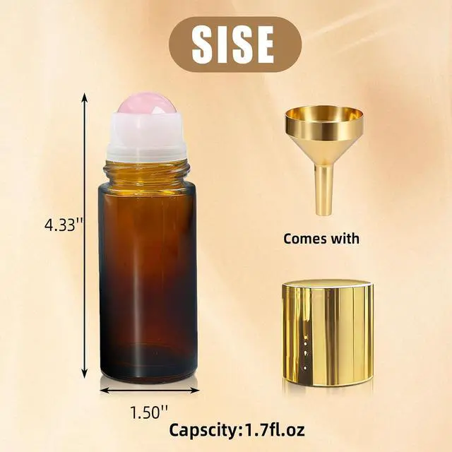 Alt view image 2 of 6 - 50ml Rose Quartz Roller Bottles for Castor Oil | Refillable Amber Glass Roll-On Bottles with Natural Crystal Roller Balls,Leak-Proof Gold Caps for Essential Oils, Perfume