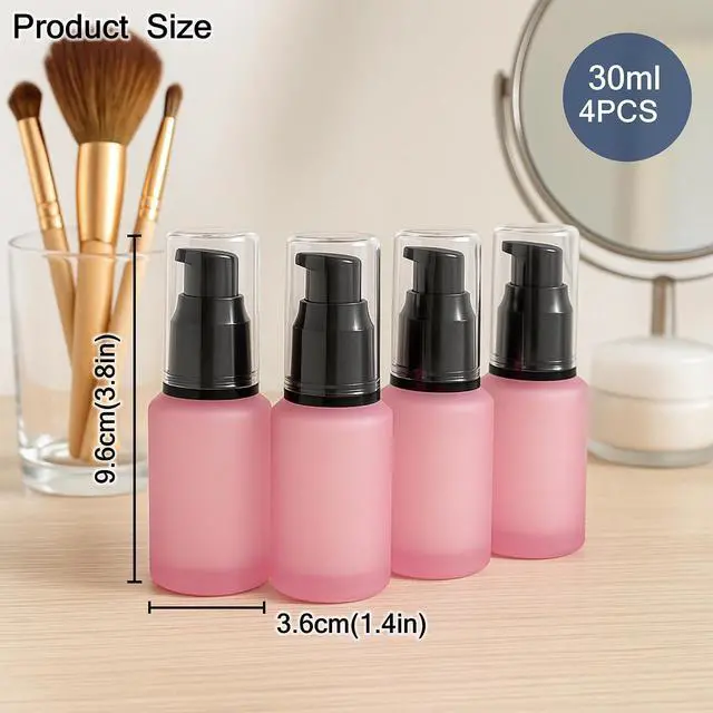 Alt view image 2 of 6 - 30ml Pink Frosted Glass Lotion Pump Bottles with Black Pump and Clear Cap Set of 4, Refillable Travel Cosmetic Containers Portable Lotion Bottle for Lotion, Serum, Cream, Skincare