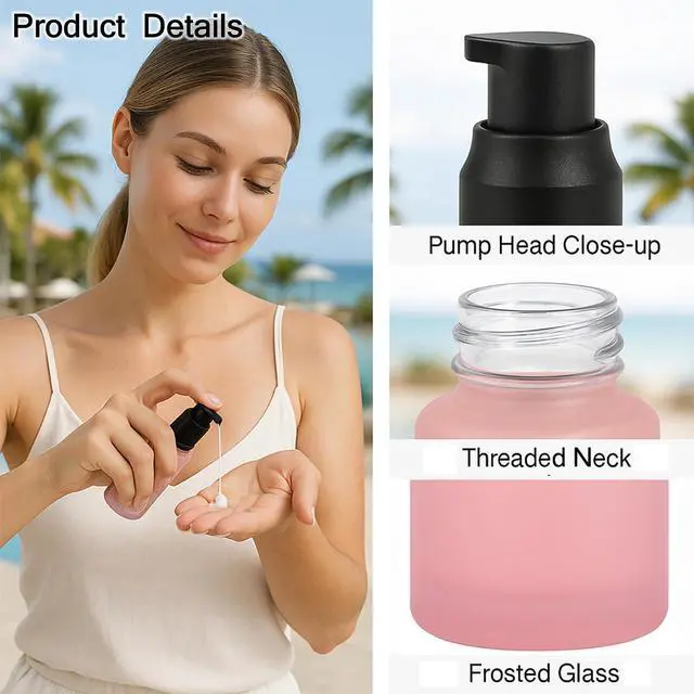 Alt view image 3 of 6 - 30ml Pink Frosted Glass Lotion Pump Bottles with Black Pump and Clear Cap Set of 4, Refillable Travel Cosmetic Containers Portable Lotion Bottle for Lotion, Serum, Cream, Skincare
