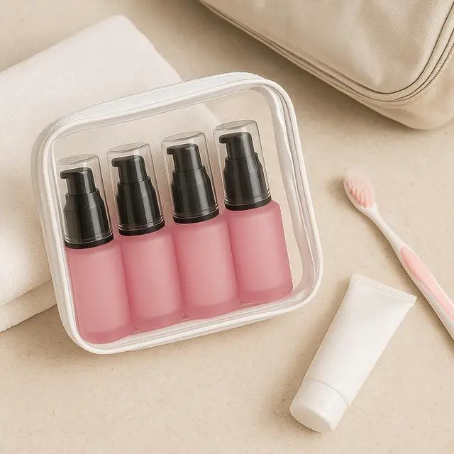 Alt view image 4 of 6 - 30ml Pink Frosted Glass Lotion Pump Bottles with Black Pump and Clear Cap Set of 4, Refillable Travel Cosmetic Containers Portable Lotion Bottle for Lotion, Serum, Cream, Skincare