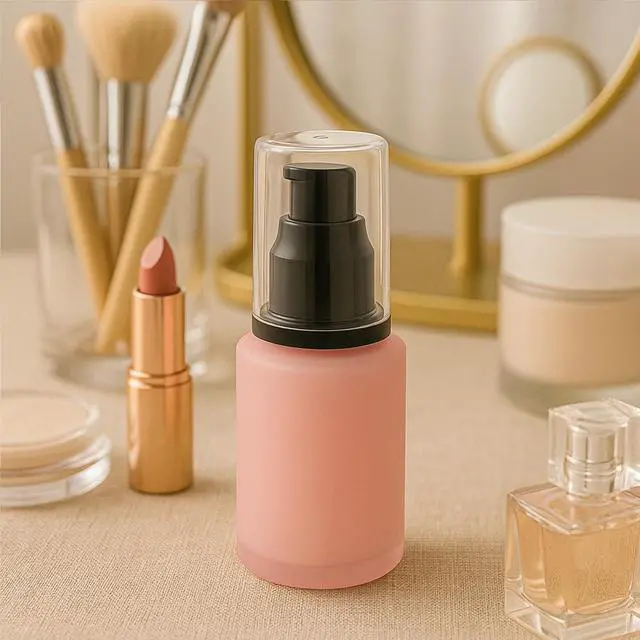 Alt view image 6 of 6 - 30ml Pink Frosted Glass Lotion Pump Bottles with Black Pump and Clear Cap Set of 4, Refillable Travel Cosmetic Containers Portable Lotion Bottle for Lotion, Serum, Cream, Skincare
