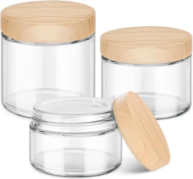 Main image of 1 OZ, 2 OZ, 4 OZ Small Glass Jars with Plastic Woodgrain Lids, Stickers | Reusable, Clear, Travel Glass Cosmetic Storage Containers for Creams, Lotions, Balm, Ointment, Powder, Spice, Makeup