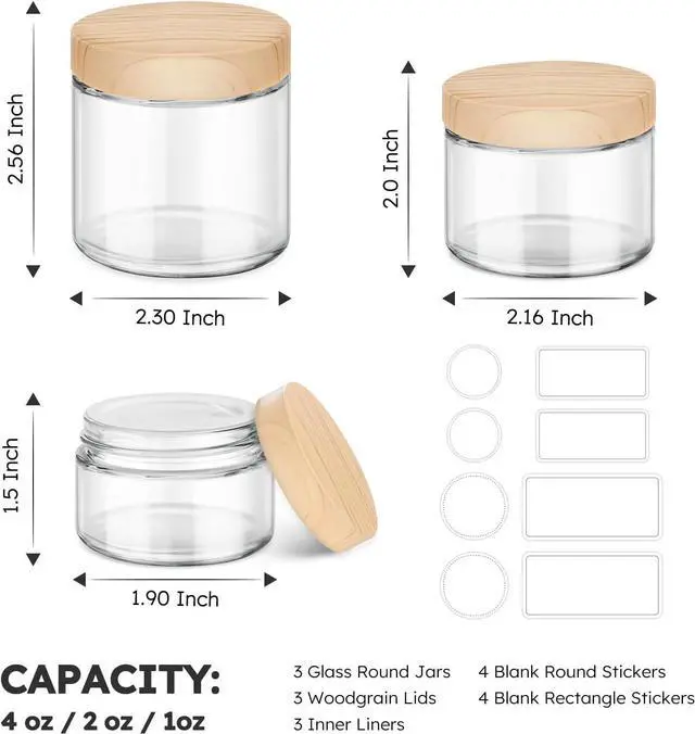 Alt view image 3 of 7 - 1 OZ, 2 OZ, 4 OZ Small Glass Jars with Plastic Woodgrain Lids, Stickers | Reusable, Clear, Travel Glass Cosmetic Storage Containers for Creams, Lotions, Balm, Ointment, Powder, Spice, Makeup