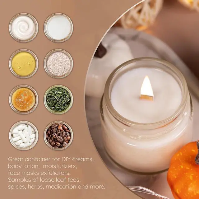 Alt view image 5 of 7 - 1 OZ, 2 OZ, 4 OZ Small Glass Jars with Plastic Woodgrain Lids, Stickers | Reusable, Clear, Travel Glass Cosmetic Storage Containers for Creams, Lotions, Balm, Ointment, Powder, Spice, Makeup