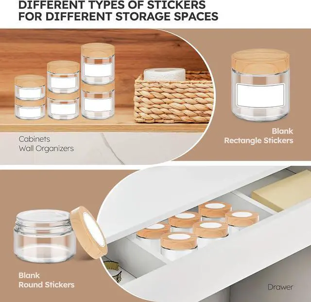 Alt view image 6 of 7 - 1 OZ, 2 OZ, 4 OZ Small Glass Jars with Plastic Woodgrain Lids, Stickers | Reusable, Clear, Travel Glass Cosmetic Storage Containers for Creams, Lotions, Balm, Ointment, Powder, Spice, Makeup