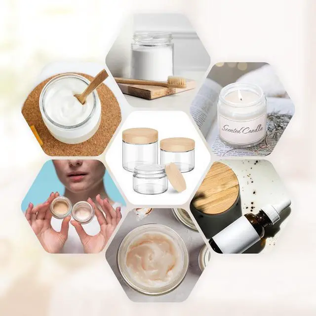 Alt view image 7 of 7 - 1 OZ, 2 OZ, 4 OZ Small Glass Jars with Plastic Woodgrain Lids, Stickers | Reusable, Clear, Travel Glass Cosmetic Storage Containers for Creams, Lotions, Balm, Ointment, Powder, Spice, Makeup