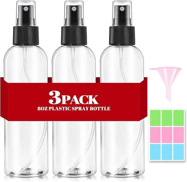 Main image of 3 Packs 8 oz Clear Plastic Spray Bottles, Black Fine Mist Sprayer | Refillable Empty Bottles with Cap, For Essential Oils, Perfumes, Travel, Cleaning Solutions, With Labels & Funnel