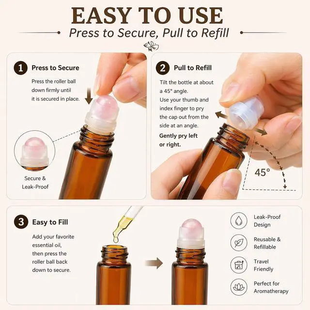 Alt view image 6 of 7 - Rose Quartz Roller Bottle for Essential Oil, 50ml Roller Ball Applicator | Refillable Amber Glass Roll-On Bottle Leak-Proof Cap for Aromatherapy, Travel & Skincare